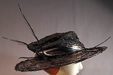 Edwardian Black Woven Horse Hair Crinoline Feather Trim Wired Wide Brim Hat
