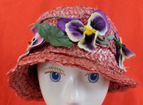 Vintage Woven Pink Straw Purple Velvet Pansy Flower Trim Cloche Hat Hatpin
