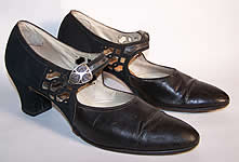Art Deco Black Leather Silver Buckle Flapper Shoes VTG