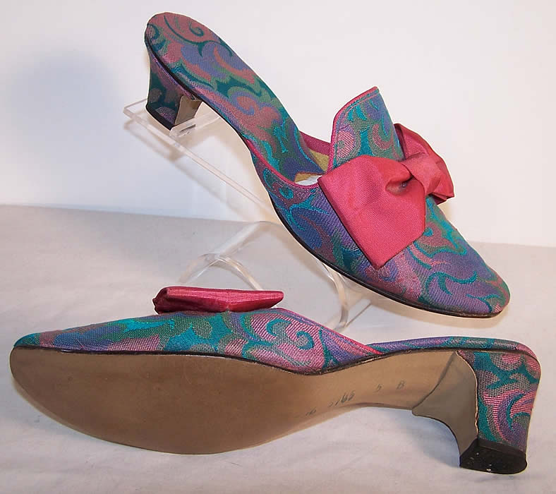 Vintage Daniel Green Brocade Bow Mules Slippers Shoes Bottom View.