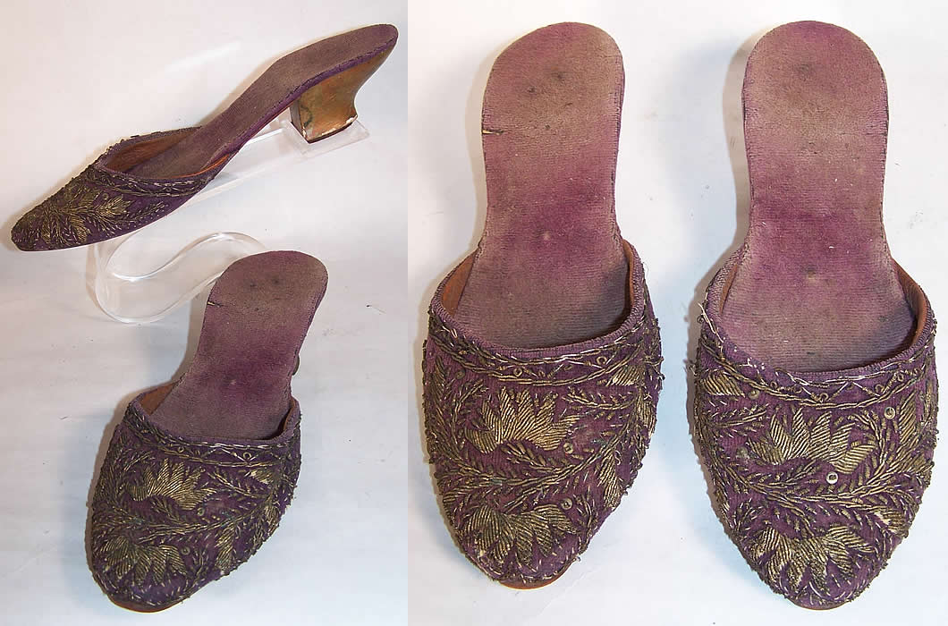 Ottoman Egyptian Purple Velvet Gold Mules Slipper Shoes front view.