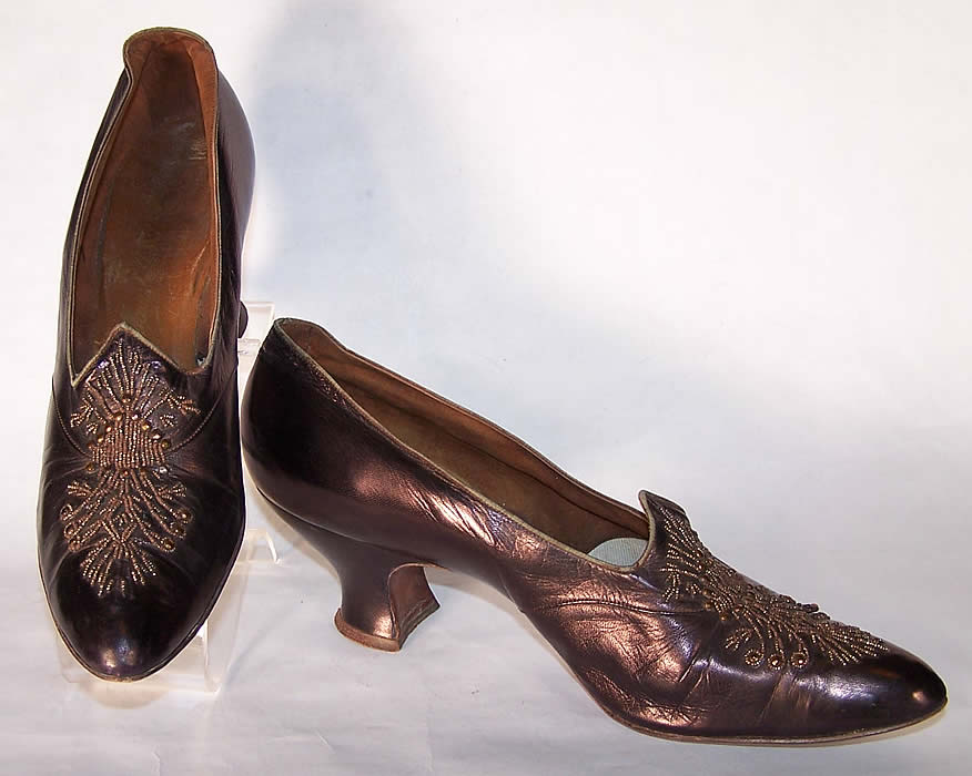 Titanic Edwardian Iridescent Bronze Beaded Shoes  Front view.