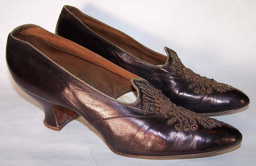 Titanic Edwardian Iridescent Bronze Beaded Shoes Side View.