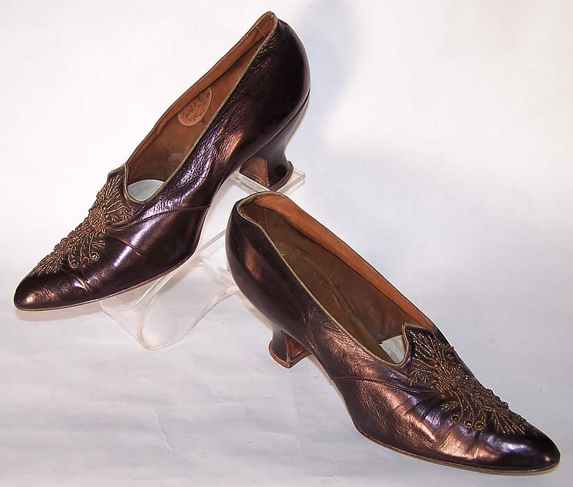Titanic Edwardian Iridescent Bronze Beaded Shoes side view.