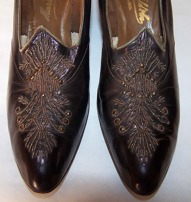 Titanic Edwardian Iridescent Bronze Beaded Shoes Close up.