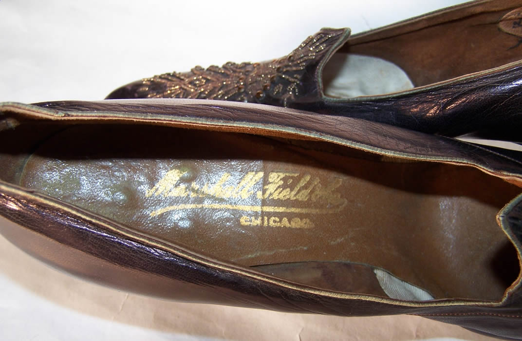 Titanic Edwardian Iridescent Bronze Beaded Shoes Close up.