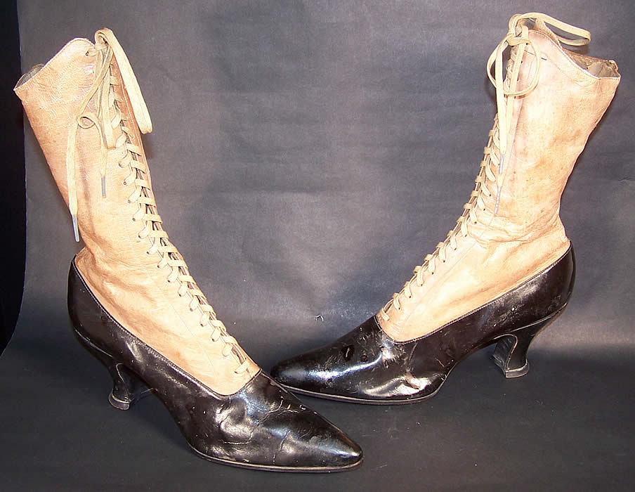 Victorian Two Tone Tan & Black Leather High Top Lace-up Boots Side view.