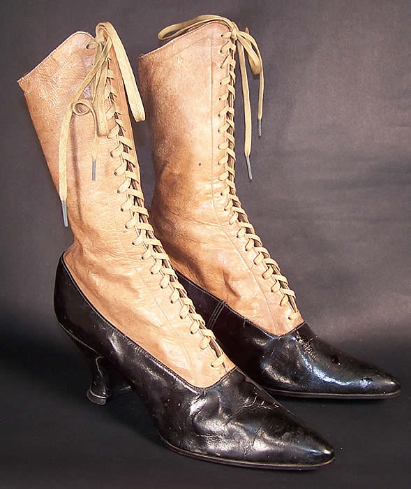 Victorian Two Tone Tan & Black Leather High Top Lace-up Boots Side View.