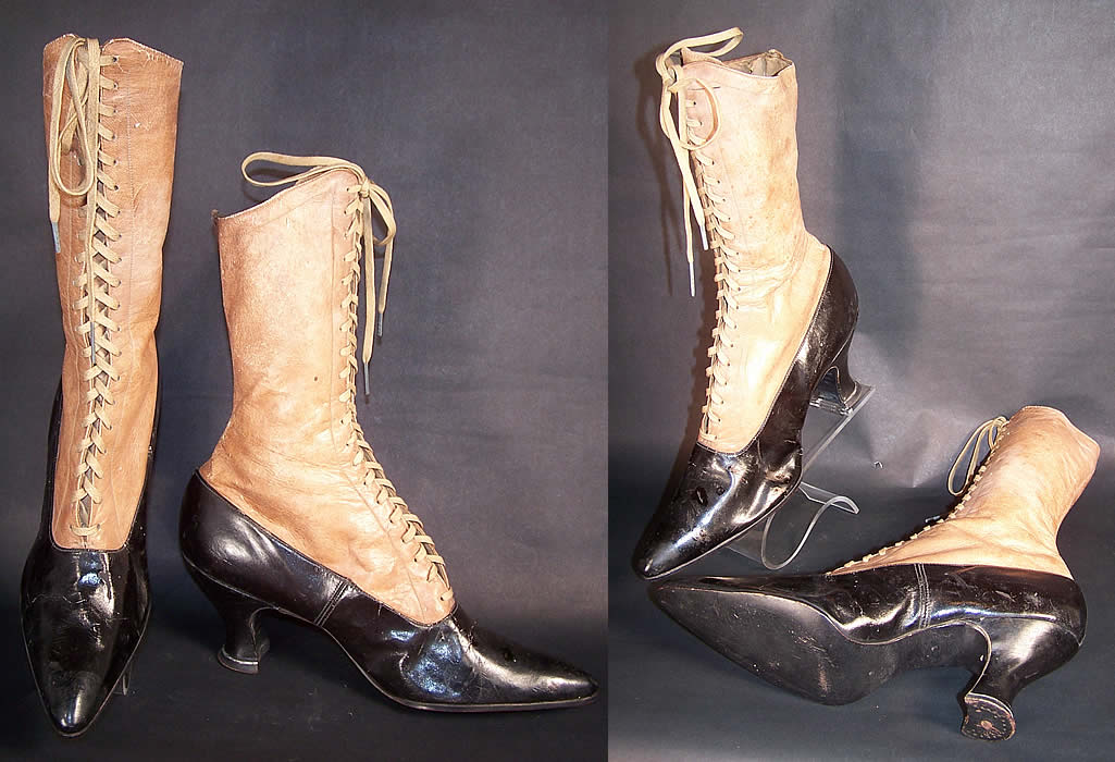 Victorian Two Tone Tan & Black Leather High Top Lace-up Boots front side view.