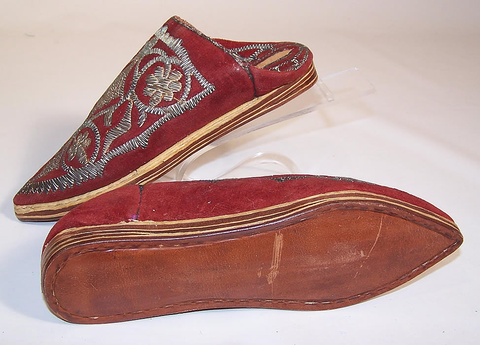 Vintage Morocco Ladies Mules Cherbil Metal Embroidery Velvet Slipper Shoes