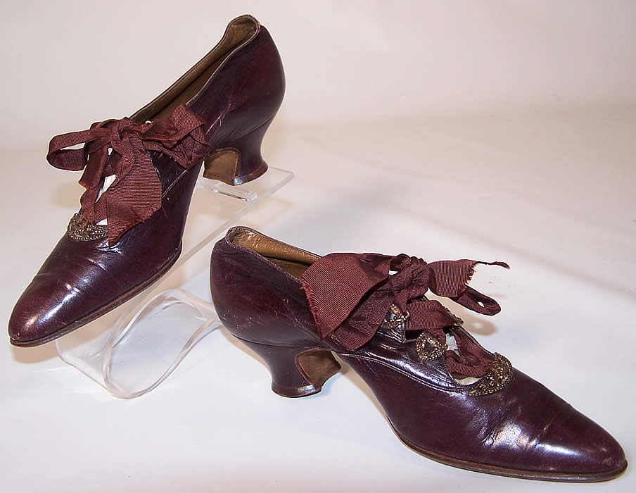 Victorian Lagel-Meier Paris Purple Aubergine Leather Bronze Beaded Shoes