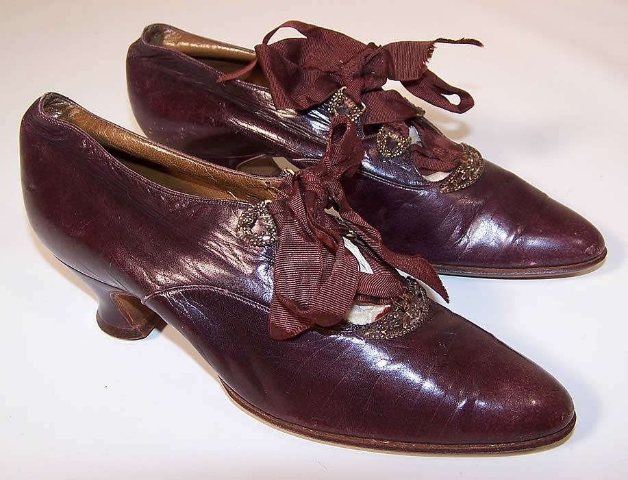 Victorian Lagel-Meier Paris Purple Aubergine Leather Bronze Beaded Shoes