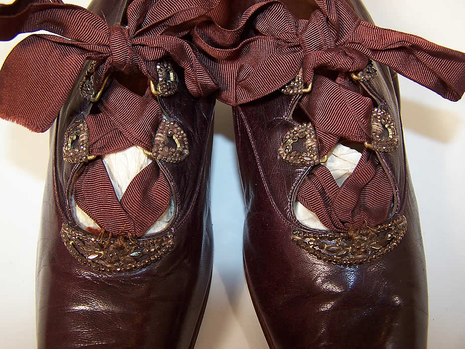 Victorian Lagel-Meier Paris Purple Aubergine Leather Bronze Beaded Shoes extreme close up.