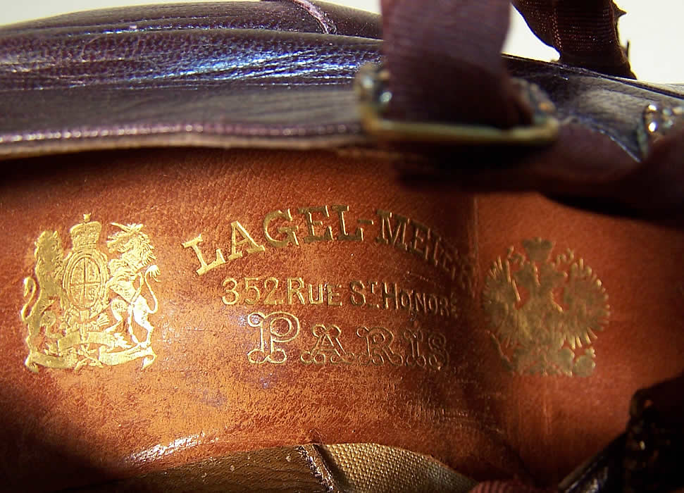Victorian Lagel-Meier Paris Purple Aubergine Leather Bronze Beaded Shoes label close up.