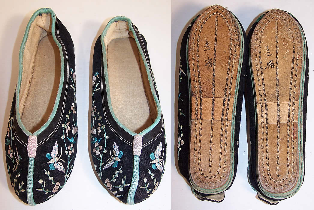 Chinese Black Velvet Embroidered Butterfly Bird Slipper Shoes 