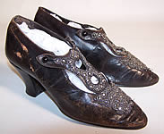 Victorian Black Leather Steel Cut Beaded Heart Shape Punch Work Shoes