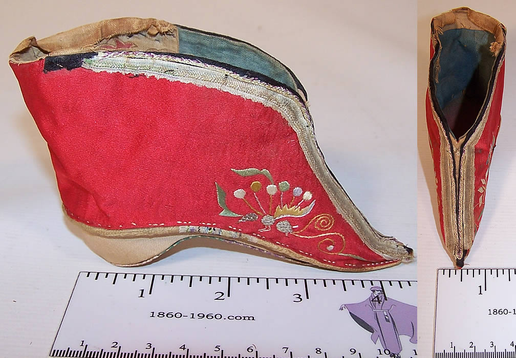 Antique Chinese Red Silk Embroidered Bound Foot Lotus Slipper Shoe ...