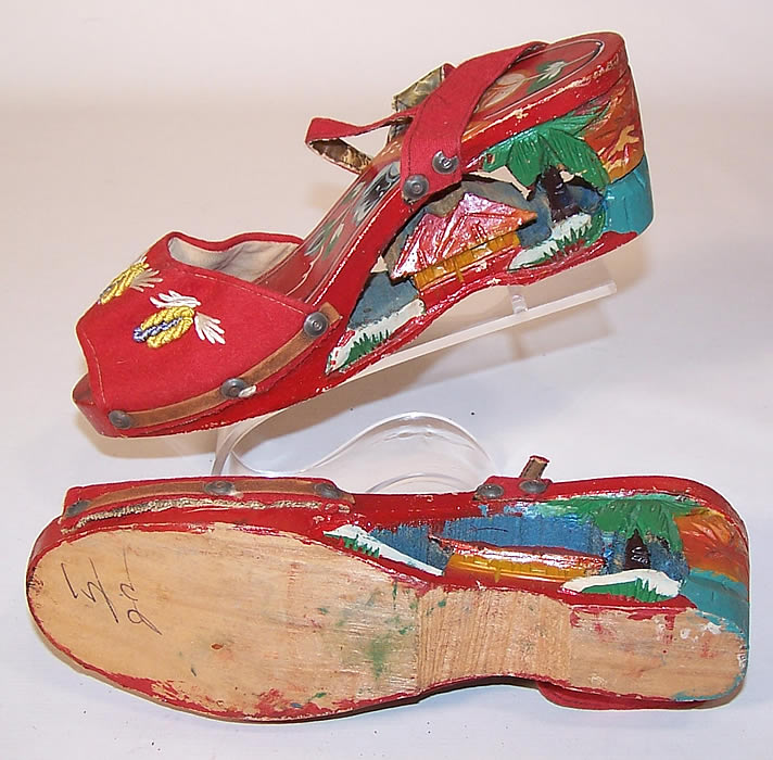 Vintage Philippines Hand Painted Carved Wooden Wedge Sandal Shoes