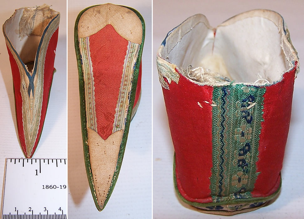 Antique Chinese Red Silk Hand Painted Lotus Bound Foot Slipper Shoe top, bottom and close up