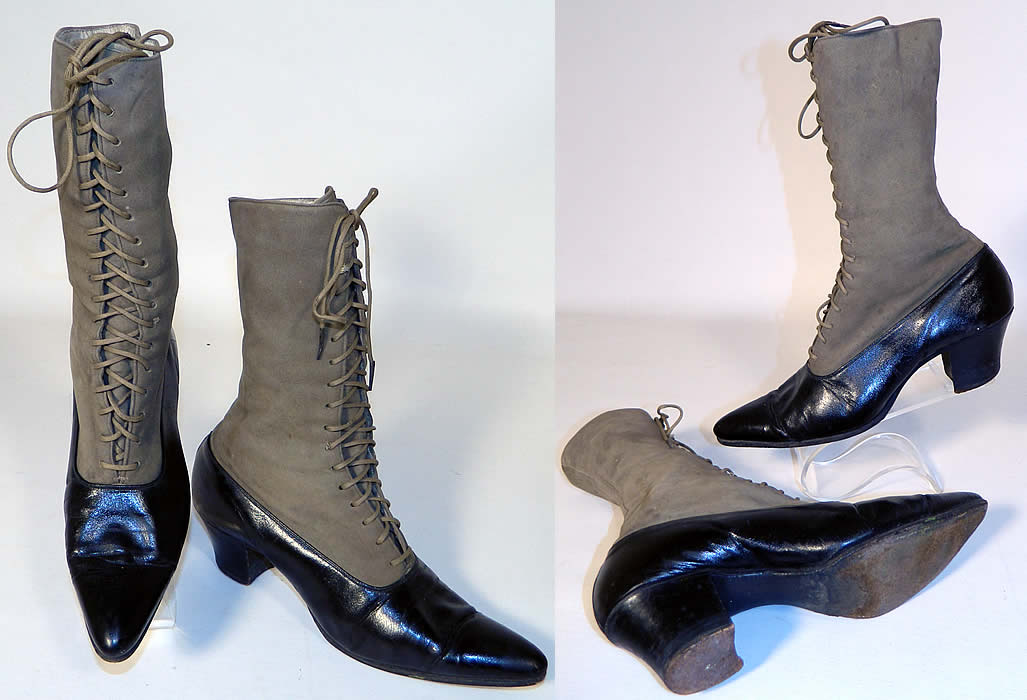 Victorian Gray Suede Black Leather Two Tone High Top Lace-up Boots