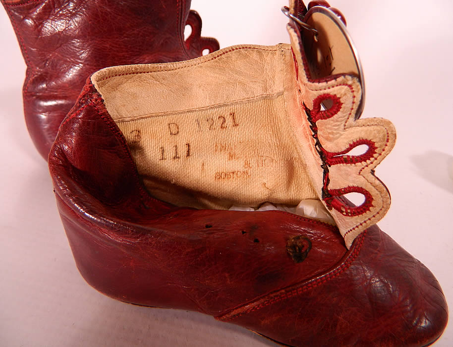 Victorian Rare Red Leather High Button Button Baby Boots Childs Shoes close up.