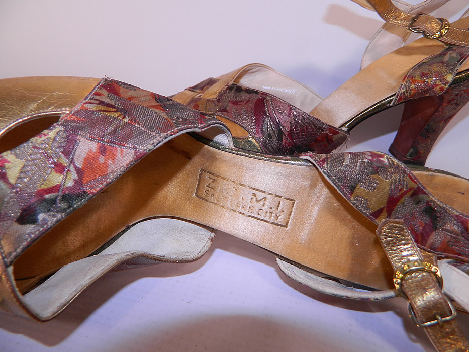 Vintage ZCMI Salt Lake City Art Deco Gold Leather Lamé Floral Shoes
