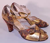 1930s Vintage ZCMI Salt Lake City Art Deco Gold Leather Lamé Floral Shoes