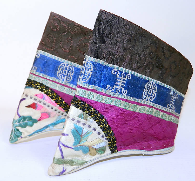 Antique Chinese Purple Silk Embroidered Bound Foot Lotus Slipper Shoes