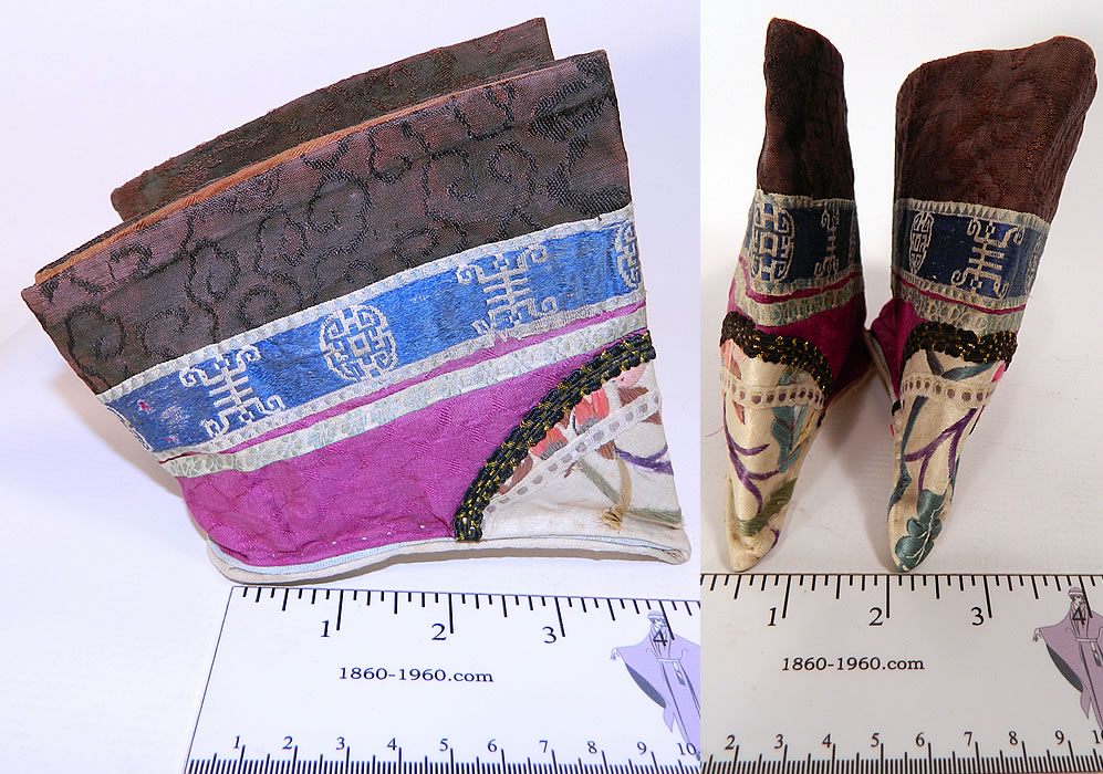 Antique Chinese Purple Silk Embroidered Bound Foot Lotus Slipper Shoes two pictures in one