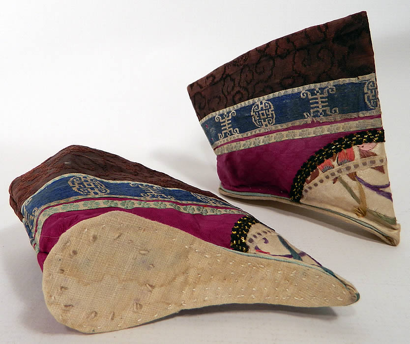 Antique Chinese Purple Silk Embroidered Bound Foot Lotus Slipper Shoes