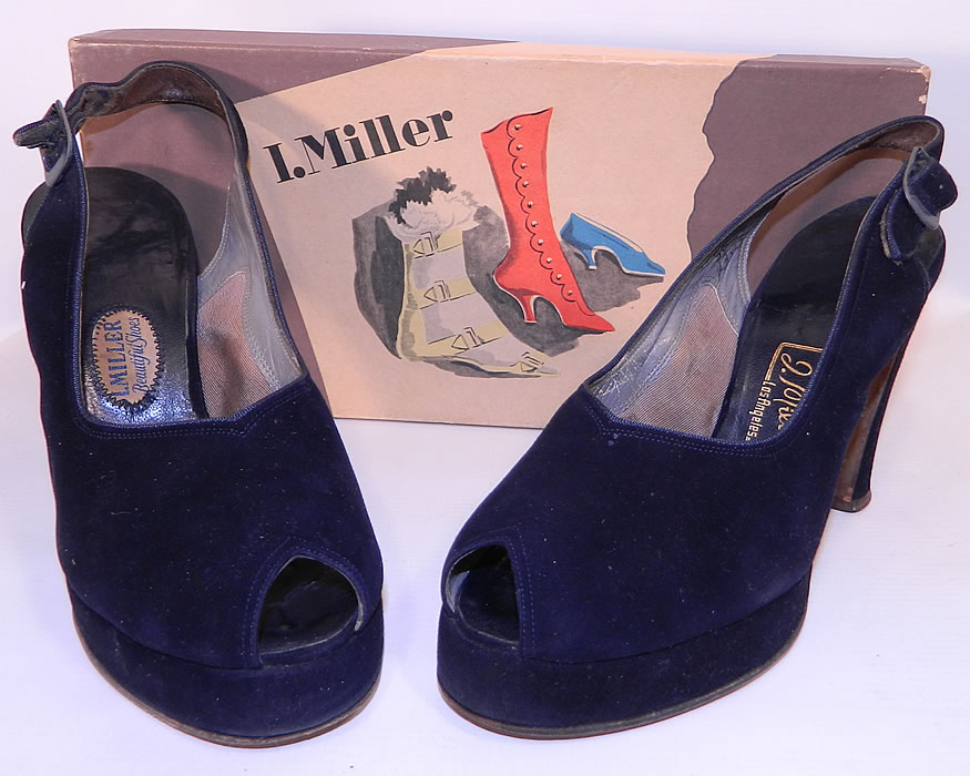 Vintage I. Miller Navy Blue Suede Leather Platform Sling Back Shoes & Box They are made of a dark navy blue suede leather. These sensational sexy pin-up girl shoes have a platform front lift, open toes, with adjustable buckle sling back straps and modified boulevard high heels.