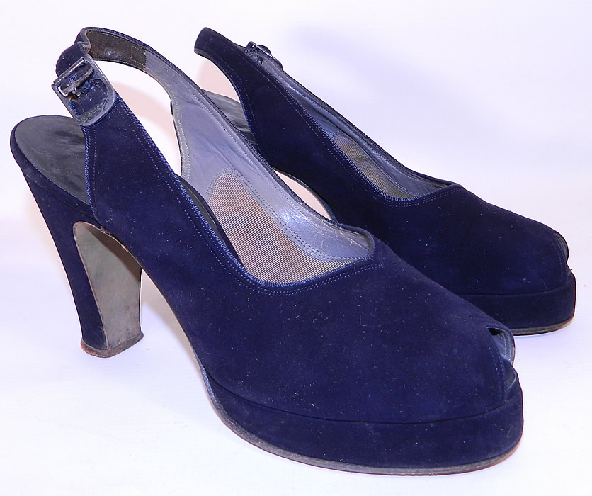 Vintage I. Miller Navy Blue Suede Leather Platform Sling Back Shoes 