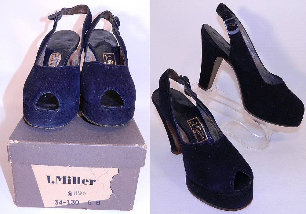 Vintage I. Miller Navy Blue Suede Leather Platform Sling Back Shoes & Box The shoes come in the original I. Miller shoe box, with great graphics and some wear & tear.