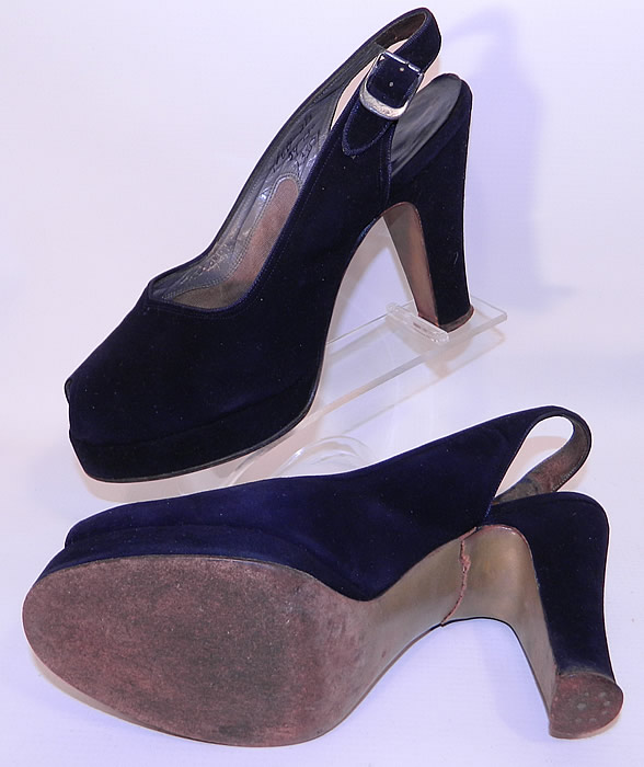 Vintage I. Miller Navy Blue Suede Leather Platform Sling Back Shoes They are in good condition and have been gently worn, with only some minor wear and a crack underneath the arch of one heel 