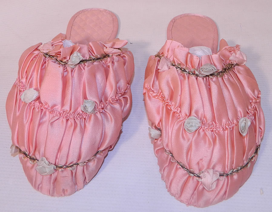 Vintage Prisma Pink Silk Rosette Ribbon Work Boudoir Mules Slipper Shoes. This pair of unworn vintage Prisma pink silk rosette ribbon work boudoir mules slipper shoes date from the 1920s.