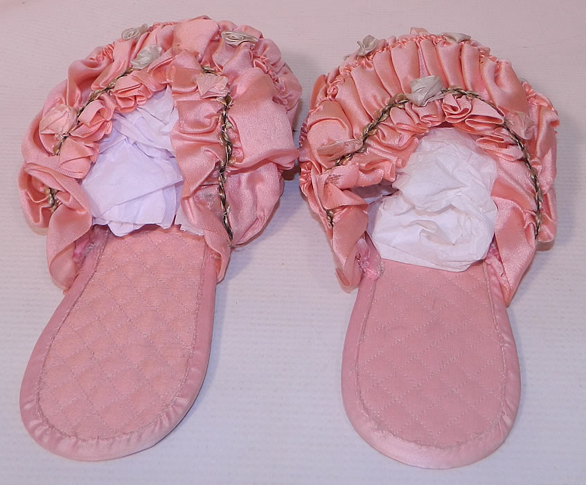 Vintage Prisma Pink Silk Rosette Ribbon Work Boudoir Mules Slipper Shoes. The shoes measure 9 1/2 inches long and 2 3/4 inches wide. 