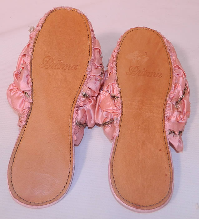 Vintage Prisma Pink Silk Rosette Ribbon Work Boudoir Mules Slipper Shoes. 