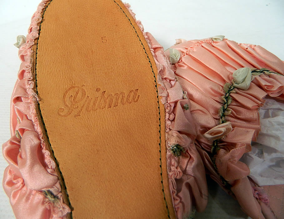 Vintage Prisma Pink Silk Rosette Ribbon Work Boudoir Mules Slipper Shoes. They have never been worn and are in good condition, with only a few tiny frays in the silk. These are truly a wonderful piece of wearable art! 