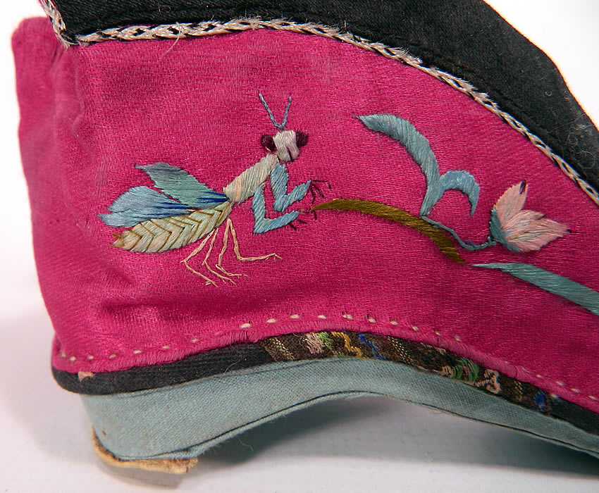 Antique Chinese Silk Embroidered Mantis & Bird Bound Foot Lotus Slipper Shoes. This pair of slippers show virtually little to no wear. They are in good condition, with only a tiny fray along the braided rope trim edging. These are truly a wonderful one of a kind piece of Chinese textile art which would make for a wonderful display piece! 