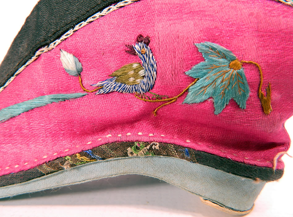 Antique Chinese Silk Embroidered Mantis & Bird Bound Foot Lotus Slipper Shoes. This pair of women's small slipper shoes are fully lined, with blue fabric bottom soles and leather cap nailed heels. 