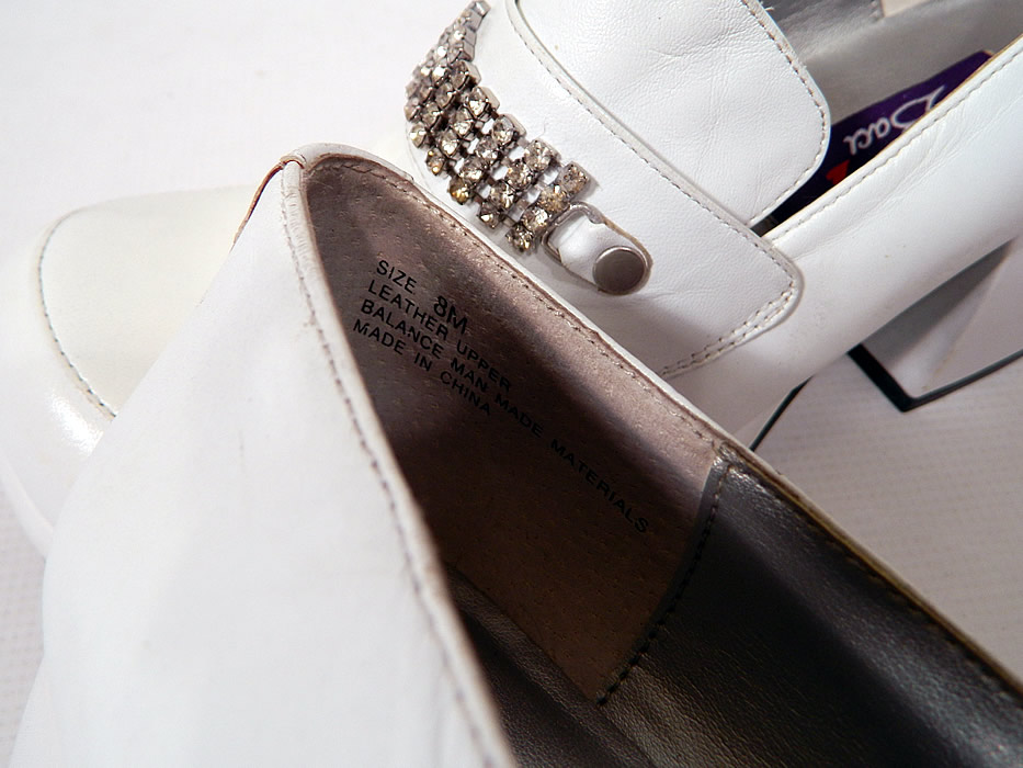Unworn Vintage Baci Rhinestone Trim White Leather Loafers Disco Platform Shoes. There is a "Baci" Made in China, Size 8 M label inside. 