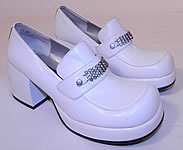 Unworn Vintage Baci Rhinestone Trim White Leather Loafers Disco Platform Shoes