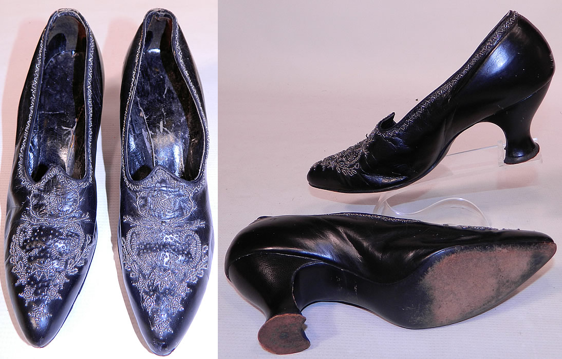 Victorian Black Leather Steel Cut Beaded Trim Patriotic Stars Shoes
The shoes measure 10 inches long and 2 1/2 inches wide. 