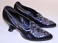 Victorian Vintage Black Leather Silver Steel Cut Beaded Trim Patriotic Stars Shoes
