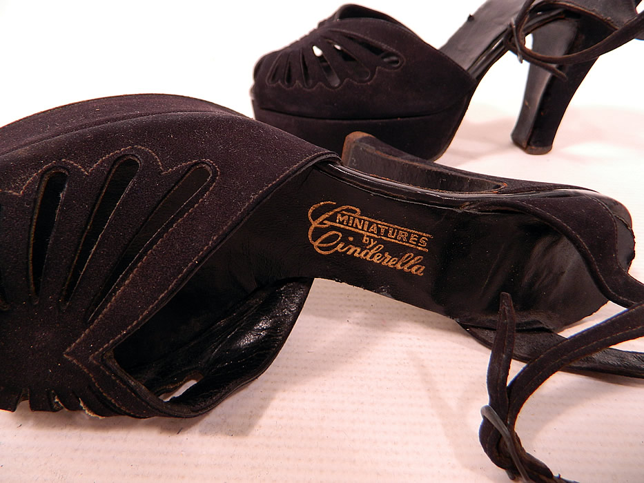 Vintage Miniatures by Cinderella Black Suede Leather Ankle Strap Platform Shoes
There is an embossed stamped label "Miniatures by Cinderella" on the insoles. 