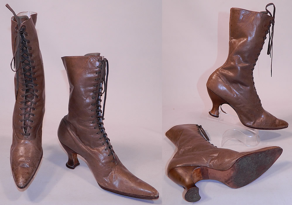 Victorian Antique Tan Brown Leather High Top Lace-up Boots Spool Heel Shoes
They are in good condition, gently worn, with some scuffs marks on the toes and small water, age spot stains. These are truly a wonderful quality made antique boot!