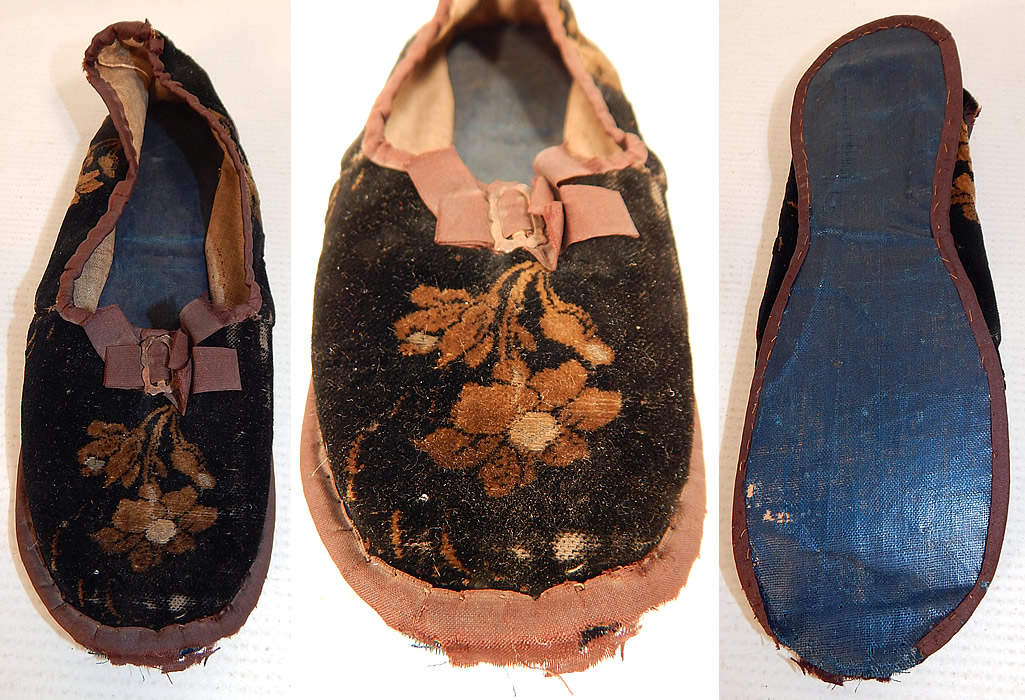 Antique Georgian Regency 1820 Floral Embossed Velvet Childs Single Slipper Shoe
 This antique Georgian Regency era floral embossed velvet child's single slipper shoes dates from 1820. It is hand stitched, made of a silk velvet fabric with an embossed floral pattern design and brown silk ribbon trim edging. This girls fancy slipper shoe has a slip on style, rounded toes, with brown silk trim edging along the top, bottom, a ribbon bow buckle trim on the front, a blue oilcloth fabric soft sole bottom and is lined in a home spun linen fabric inside.