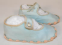 Antique Vintage Blue Kid Leather Silk Rosette Ribbon Mary Janes Childs Baby Shoes
