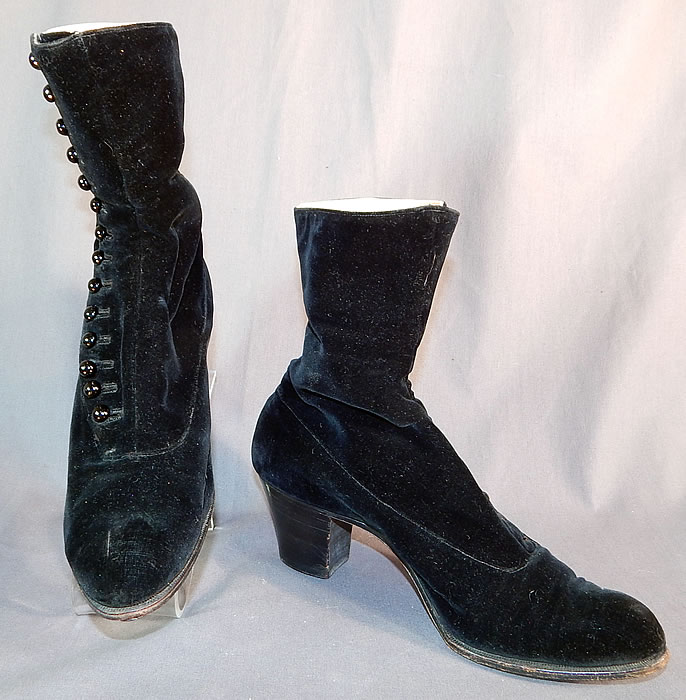 Victorian Black Velvet Pink Silk Lined High Top Button Boots Shoes
The boots measure 9 inches tall, 10 inches long, 3 inches wide, with 2 inch high heels.