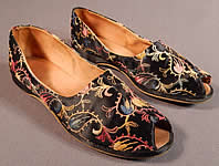 Vintage Black Silk Satin Colorful Tambour Embroidery Boteh Paisley Slipper Shoes
